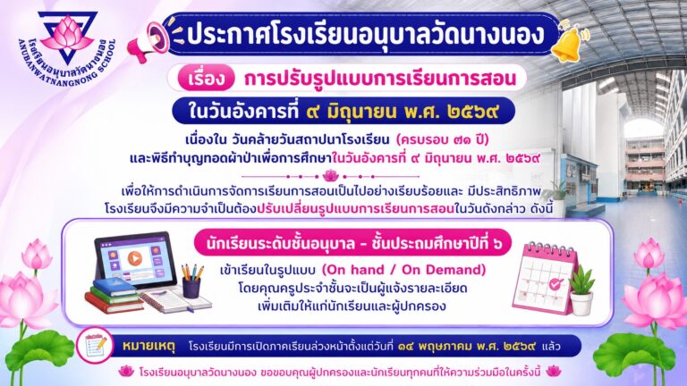 ประกาศโรงเรียนอนุบาลวัดนางนอง เรื่อง การปรับรูปแบบการเรียนการสอน ในวันอังคารที่ ๙ มิถุนายน พ.ศ. ๒๕๖๙ 