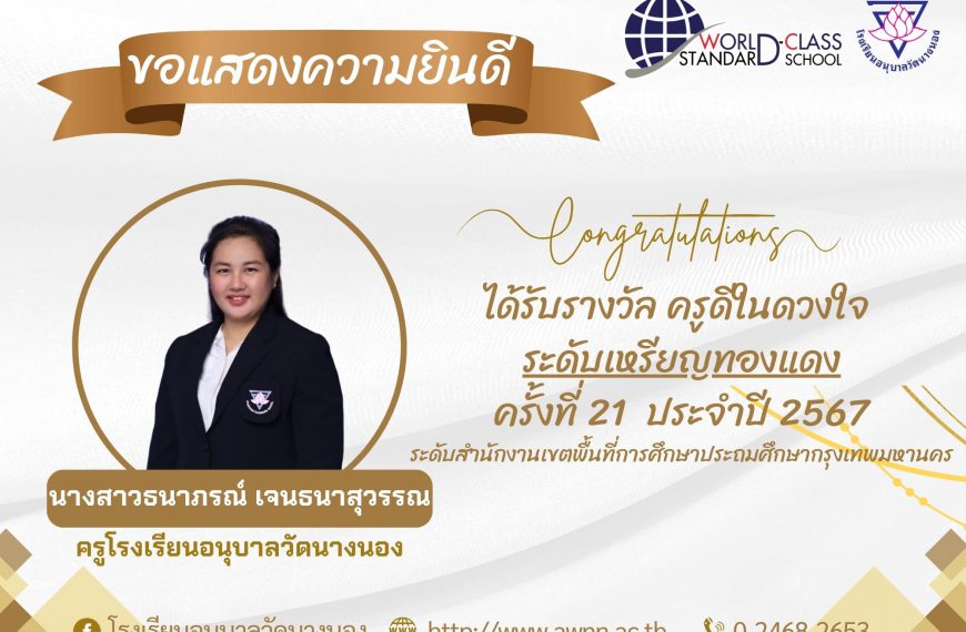 ขอแสดงความยินดี กับ นางสาววราภรณ์ เจนธนาสุวรรณ ครูโรงเรียนอนุบาลวัดนางนอง ที่ได้รับรางวัล ครูดีในดวง…