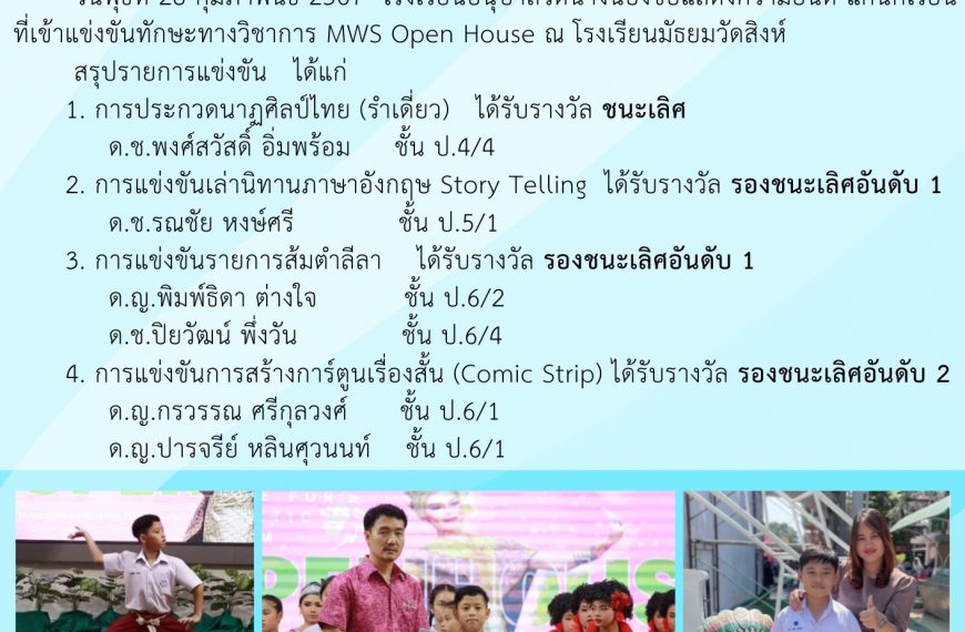 ขอแสดงความยินดีแก่นักเรียนที่เข้าแข่งขันทักษะวิชาการ MWS Open House โรงเรียนมัธยมวัดสิงห์