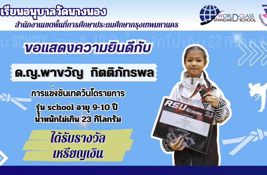 ขอแสดงความยินดีกับด.ญ.พาขวัญ กิตติภัทรพล การแข่งขันเทควันโด รายการรุ่น school อายุ 9-10 ปี น้ำหนักไม…