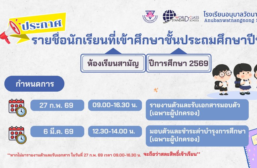 ประกาศ โรงเรียนอนุบาลวัดนางนอง รายชื่อนักเรียนที่เข้าศึกษาชั้นประถมศึกษาปีที่ 1 ห้องเรียนสามัญ ปีการ&hellip;